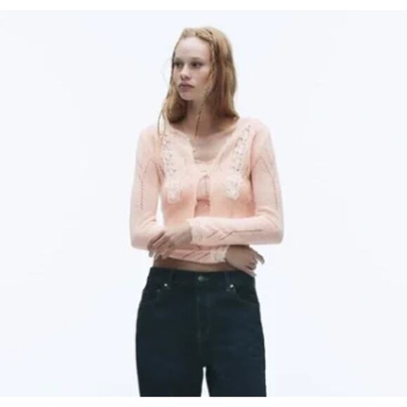 Zara Pink Lace Detail Cardigan - Picture 4 of 10